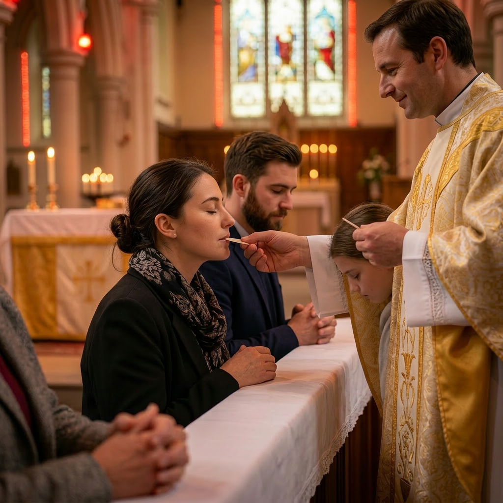 Elderly woman receiving communion wafer from priest in church